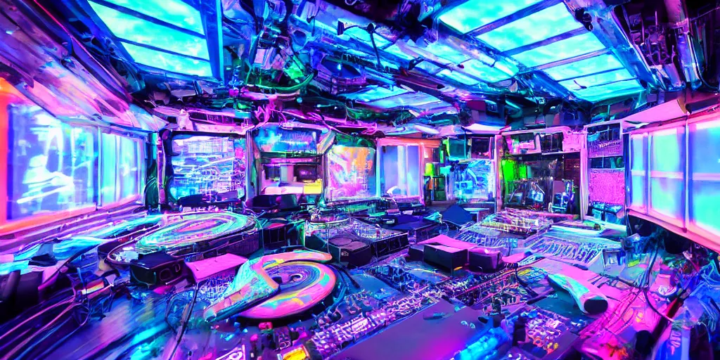 Prompt: giant speaker system audio visual holographic projection music recording studio in the interior of an international space station. filled with neon lights electronic dj equipment, modular synthesizer with cables everywhere. photorealistic 35mm 4k cgsociety