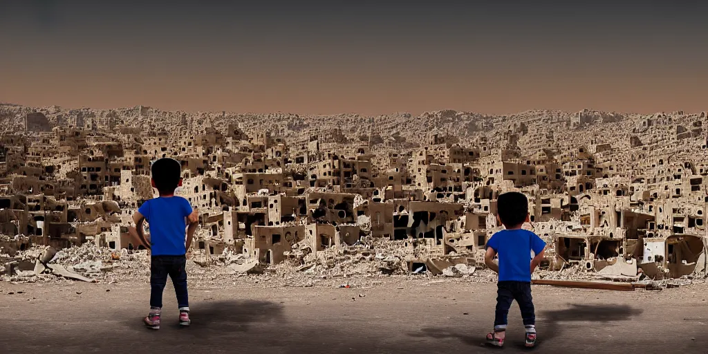 Image similar to “little boy figure lost (in the middle of the scene), epic view of Hummus in Syria in destruction, evening time clear sky, sad atmosphere, ruins, heartbreaking landscape, hyperdetailed, hyperrealism, trending on artstation, award winning photograph, photograph taken by Margaret Bourke-White, photorealistic, 8k, concept art, cinematographic, uhd, epic lighting”