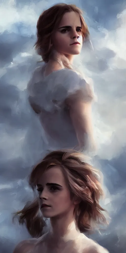 Image similar to emma watson by wlop. artstation contest winner, cinematic paint. lower shot. dramatic cloud in background.