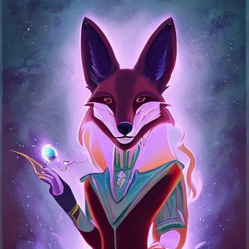 Image similar to a stylized painting of an avatar of an awesome cosmic powerful luxurious foxfolk mage themed around death and the cosmos, in the style of dnd beyond avatar portraits, beautiful, artistic, elegant, lens flare, magical, lens flare, nature, realism, stylized, art by jeff easley and genndy tartakovsky and hayao miyazaki