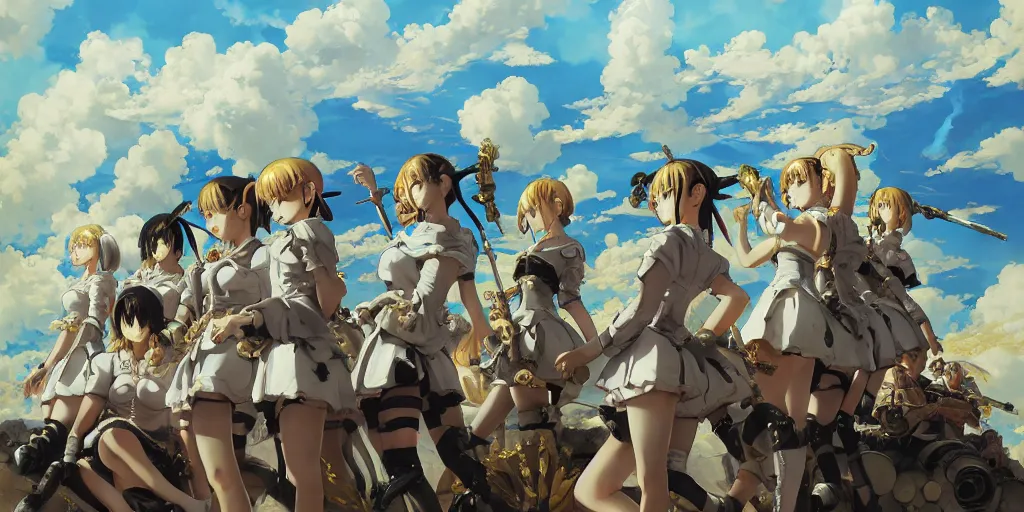 Image similar to baroque acrylic painting of key visual concept art, anime maids in crusade battlefield with early tanks, brutalist fantasy, rule of thirds golden ratio, fake detail, trending pixiv fanbox, palette knife, style of makoto shinkai ghibli takashi takeuchi yoshiyuki sadamoto jamie wyeth james gilleard greg rutkowski chiho aoshima