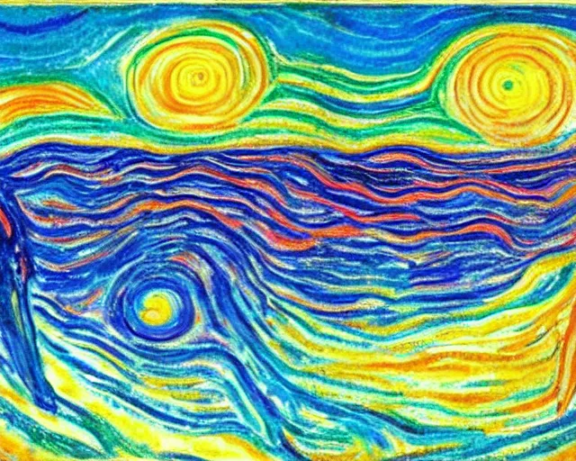 Image similar to Ocean waves in a psychedelic dream world. DMT. Landscape painting by Edvard Munch. David Hockney.