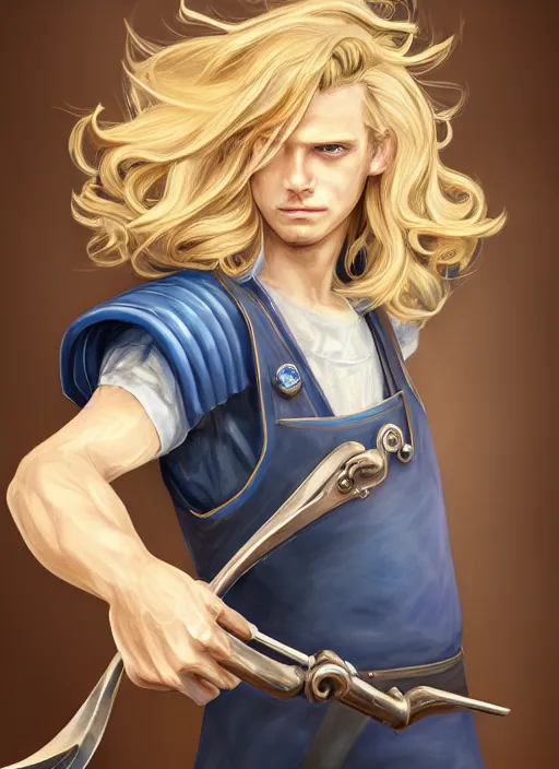 Image similar to a highly detailed illustration of long wavy bright blonde haired effeminate boy wearing blue blacksmith apron and iron mechanical arms, lanky body, blue eyes, dramatic smiling pose, perfect face, symmetrical eyes, intricate, elegant, highly detailed, centered, digital painting, artstation, concept art, smooth, sharp focus, league of legends concept art, wlop