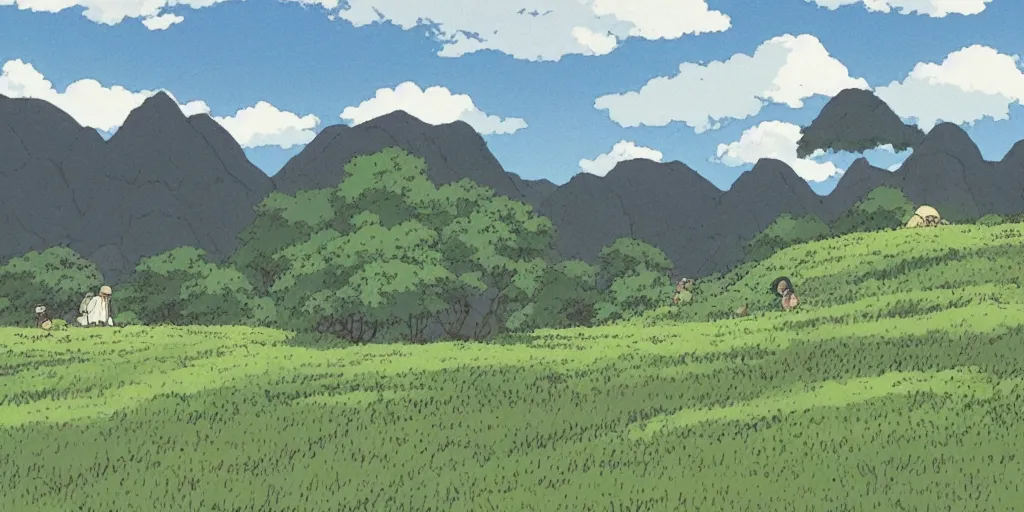 Image similar to a peaceful mountain overlooking a field, studio ghibli