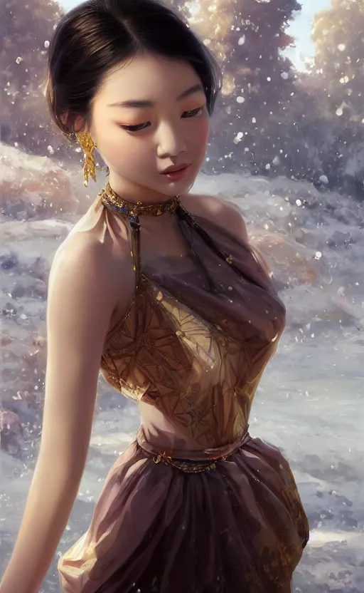 Image similar to a beautiful young charming asian goddess with sundress + jewelry + shinny eyes | | winter, symmetric, realistic shaded, unpleasant face, good looking, fine details, dior, lv, realistic shaded lighting poster by greg rutkowski, macoto takahashi, magali villeneuve, artgerm, jeremy lipkin and michael garmash