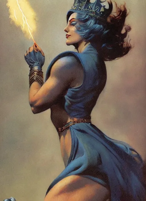 Prompt: mighty plump female sorceress, blue tiara, lightning strike above head, strong line, muted color, beautiful! coherent! by frank frazetta, by brom