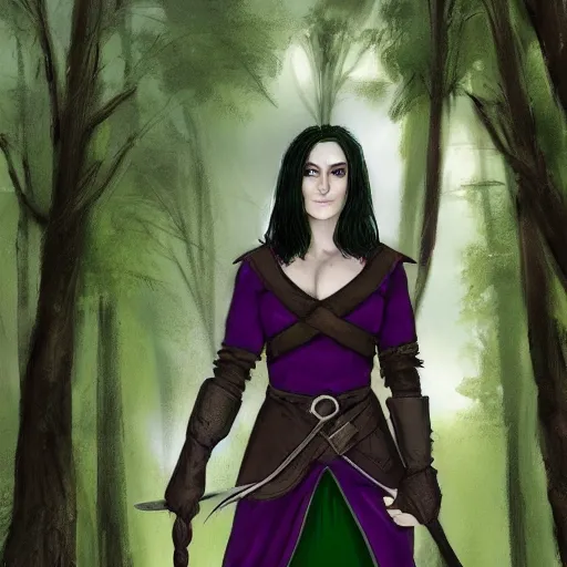 Prompt: yennefer as a medieval fantasy wood elf, dark purplish hair tucked behind ears, wearing a green tunic with a fur lined collar and brown leather armor, wide, muscular build, scar across nose, one black, scaled arm, cinematic, character art, digital art, forest background, realistic. 4 k