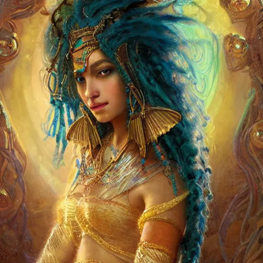 Image similar to artstation, intricate detail, hyper detail, portrait by gaston bussiere, tan skin lady of elche, egyptian sumerian features, techno mystic goddess princess intergalactica inanna with aqua neon rapunzel dreadlocks,