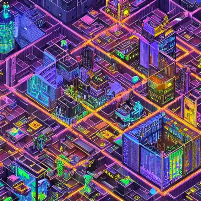 Image similar to voxel art of a cyberpunk blockchain city, chains connecting blocks, blockchain, symmetry, intricate, volumetric lighting, beautiful, rich deep colors masterpiece, sharp focus, ultra detailed, in the style of dan mumford and marc simonetti