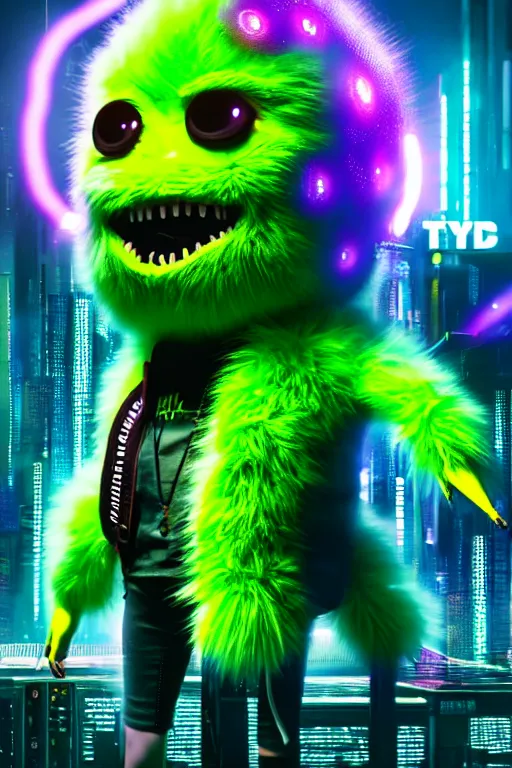 Image similar to high quality 3 d render cyberpunk very tennis ball monster highly detailed, unreal engine cinematic smooth, in the style of blade runner & detective pikachu, hannah yata charlie immer, purple light, low angle, uhd 8 k, sharp focus