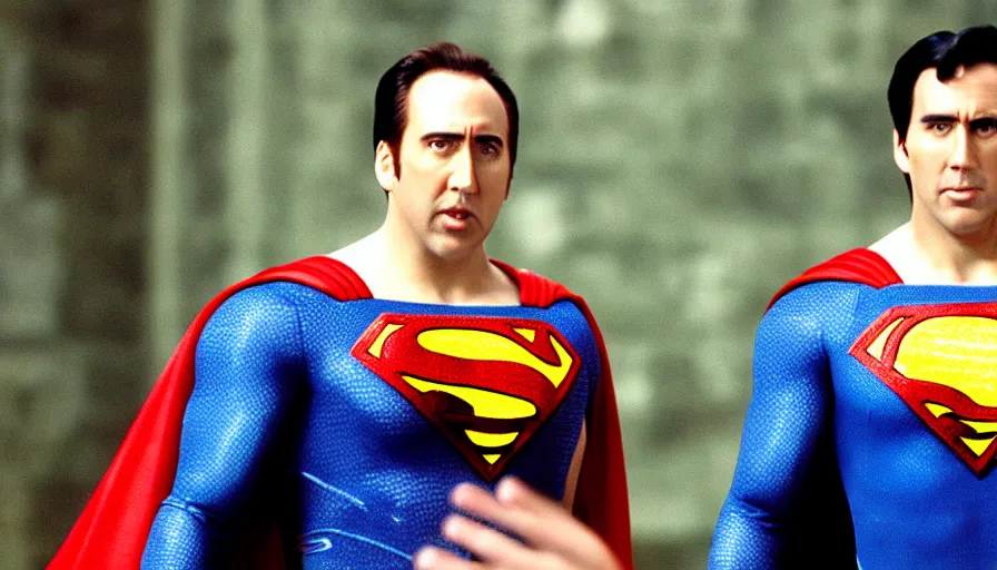 Prompt: nicholas cage as superman in'superman returns'( 2 0 0 6 ), film footage, 4 k, highly detailed, screencap