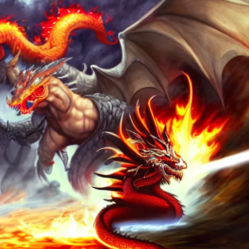 Prompt: danny devito fighting a fire breathing red dragon, vanillaware art