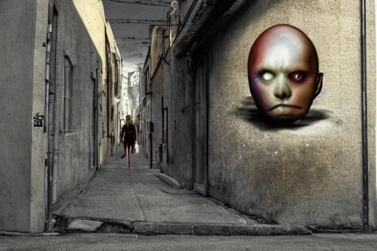 Prompt: a homunculus walking down pareidolia avenue