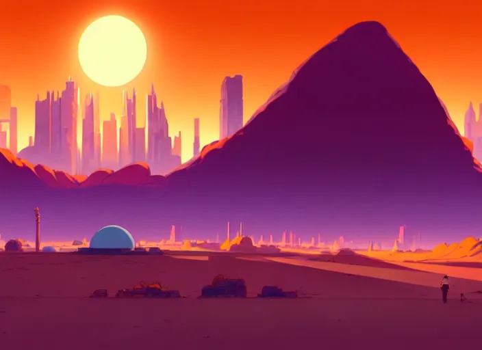 Prompt: cel shading background, science fiction pc game point - and - click adventure, studio ghibli, desert with city in the skyline, two suns, purple orange colors, sharp focus, illustration, highly detailed, digital painting, concept art, matte, art by wlop and artgerm and greg rutkowski, masterpiece