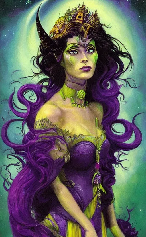 Prompt: portrait of princess of the dreamlands and moon beast, beautiful! coherent! by brom, vibrant colors, yellow purple green black