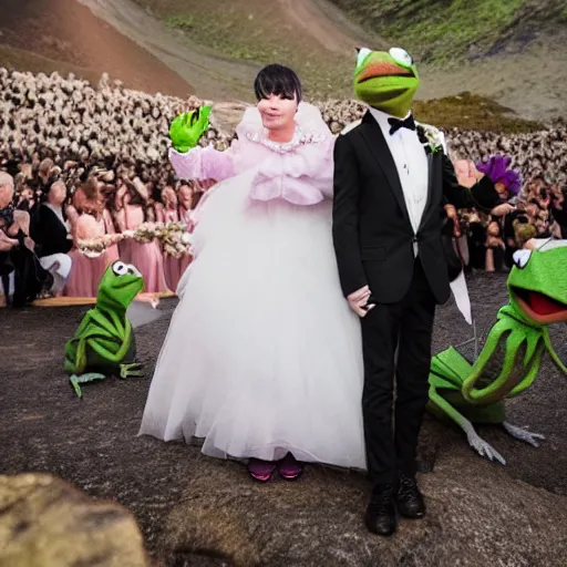 Image similar to bjork marrying kermit the frog, at a volcano, professional wedding photography, 8 k photo