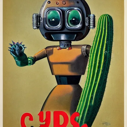 Prompt: 1950s retro cactus robot movie poster, without text. Bionic Arms and eyes. pop surrealism, muted colours. by Jean-Baptiste Monge, wide shot