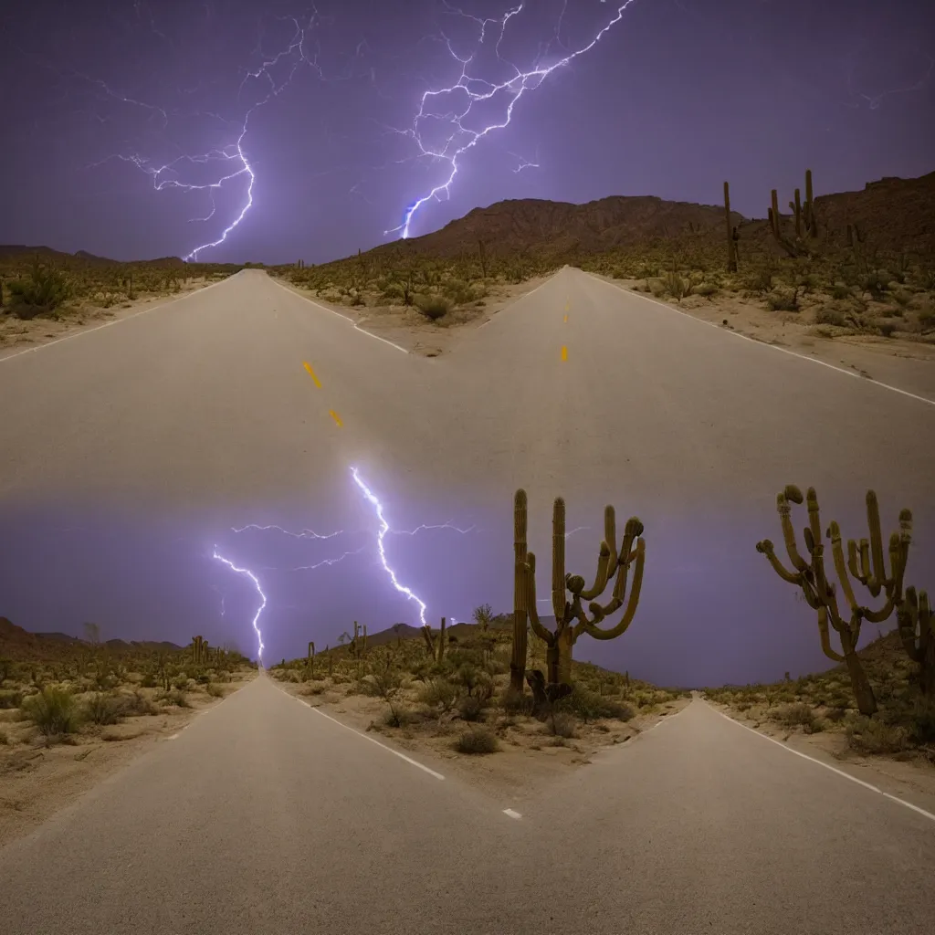 Image similar to photo of road at night desert distant flash of lightning