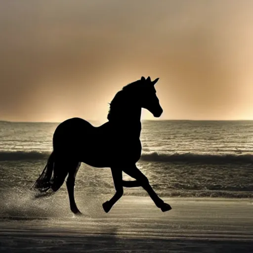 Image similar to an arabian black horse running in front of a sea, wind in its mane, on the beach, the sun is exploding, smoke everywhere