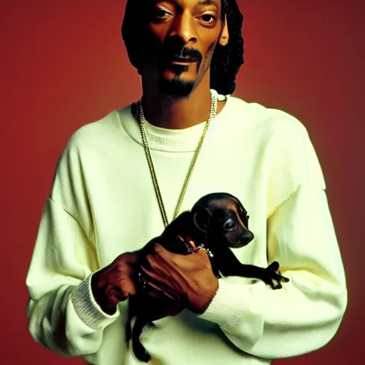 Image similar to Snoop Dogg holding a puppy for a 1990s sitcom tv show, Studio Photograph, portrait, C 12.0