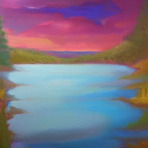 Image similar to a lake that leads into another dimension, oil painting, trending on artstation