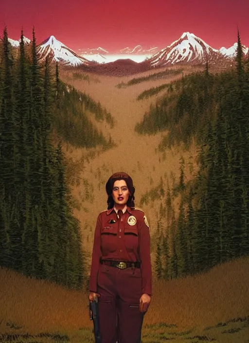 Prompt: Twin Peaks poster artwork by Michael Whelan and Tomer Hanuka, Karol Bak, Rendering of Salma Hayek park ranger uniform, from scene from Twin Peaks, full of details, by Makoto Shinkai and thomas kinkade, Matte painting, trending on artstation and unreal engine