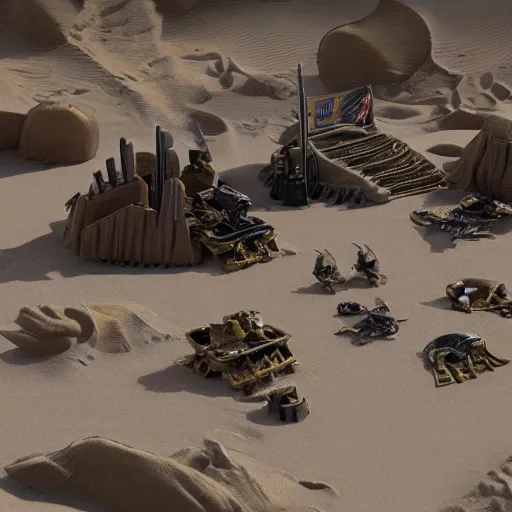 Prompt: 1:16 scale miniature diorama of Warhammer 4K space@marines building a sandcastle in the desert, 3D rendered, unreal engine