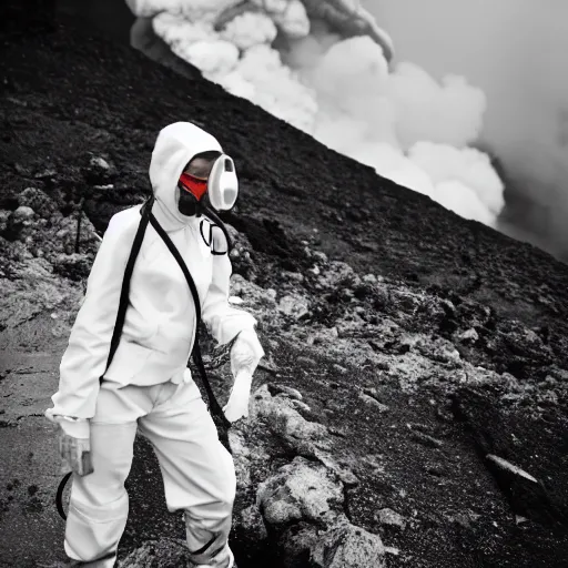 Prompt: woman with white suit, she wear gasmask, standing close to volcano, fire raining, professional photography, black and white, cinematic, eerie