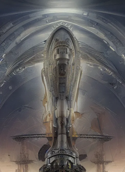 Prompt: epic concept illustration | highly detailed | intricate mechanical design | star fleet nautilus ship being prepared for launch | by greg rutkowski and alphonse mucha. uhd | amazing depth | cinematic lighting