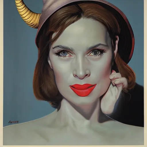 Prompt: portrait of a woman with ( horns ) that peek out of her hat, by alex ross.