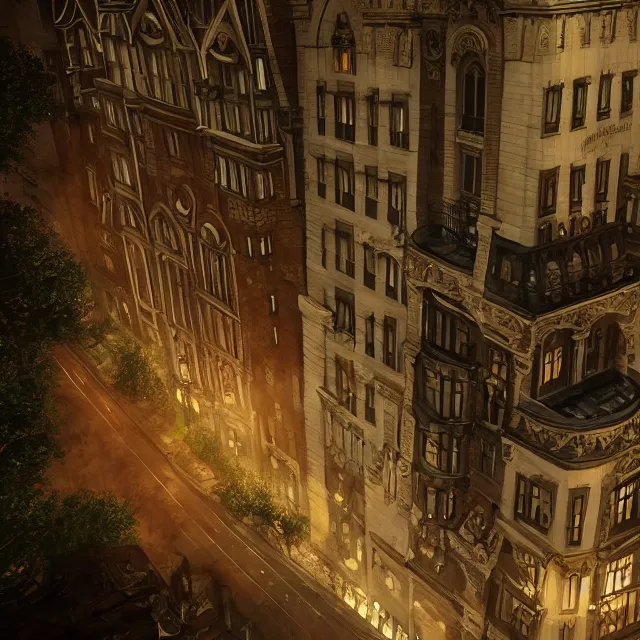 Image similar to action scene painting of a 1 9 2 0 s gothic style hotel in downtown boston, overlooking a dark street, architectural, atmospheric lighting, brooding, painted, intricate, ultra detailed, well composed, best on artstation, cgsociety, epic, horror, stunning, gorgeous, intricate detail, much wow, masterpiece, cinematic aesthetic octane render, 8 k hd resolution,