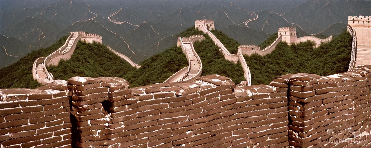 Image similar to spaghetti at the great wall of china, fine detail, canon 5 0 mm, in the style of ansel adams, kodachrome, retro