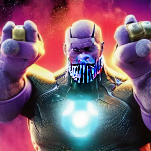 Image similar to thanos wearing a Nintendo power glove, promotional photo from avengers movie