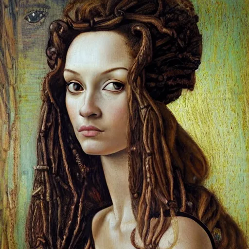 Prompt: artstation, intricate details, portrait by sandro botticelli, gaston bussiere, h. r. giger, inanna ashteroth, egyptian facial features, brown caramel skin, thick beautiful eyebrows, techno mystic, intergalactica, hazel green eyes, with bright neon aqua rapunzel dreadlocks, full body portrait, haute couture, alchemy, futurisma