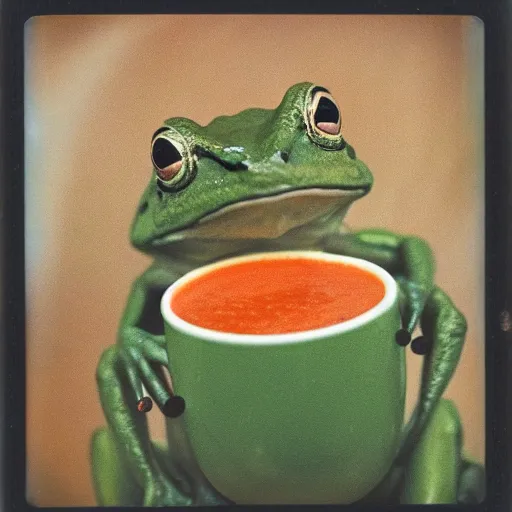 Prompt: polaroid of a frog drinking tomato and basil soup