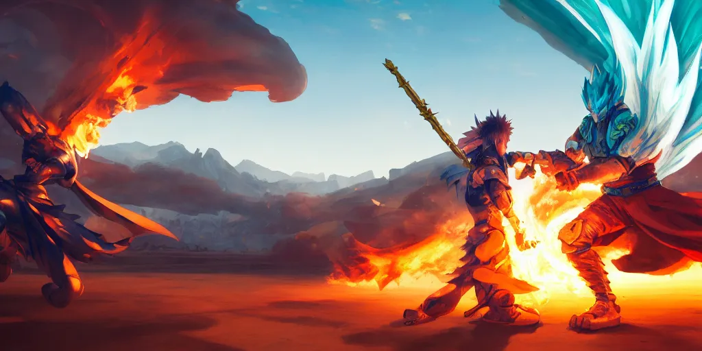 Prompt: dragon spits fire on a blue knight holding a gold sword, green hatchback car screen left, low wide angle, anime, desert landscape, greg rutkowski, Murata, one punch man manga, cinematic, digital art, hyper realistic