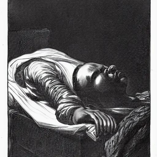 Prompt: floating god - like black man's head sleeping, j. j. grandville, outline, paint brush, black and white