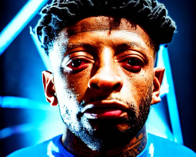 Prompt: 3 5 mm closeup portrait of 2 1 savage ’ s less famous but much much much older and talented brother top fragging in his live action video game, pipes, wires, dramatic lighting, octane, blue lights, lens flare, industrial, dirty, trending on artstation, golden ratio, h. r. giger, mist, action, volumetric lighting