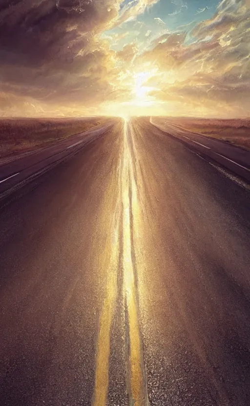 Image similar to paperback book cover by wlop. pure colors, melting clouds, accurately drawn details, a sunburst above a receding road with the light reflected in furrows and ruts, after rain. photorealistic. octane render. cinematic. trending on artstation. textless.