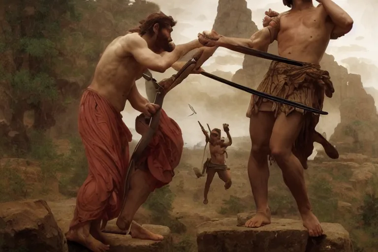 Image similar to ancient historically accurate depiction of the Bible duel bettween the shepherd boy david and Goliath of Gath, the Philistine warrior giant, by frank miller, illustration by Ruan Jia and Mandy Jurgens and William-Adolphe Bouguereau, Artgerm, 4k, digital art, surreal, space dandy style, highly detailed, godsend, artstation, digital painting, concept art, smooth, sharp focus, illustration by Ruan Jia and Mandy Jurgens and William-Adolphe Bouguereau, Artgerm