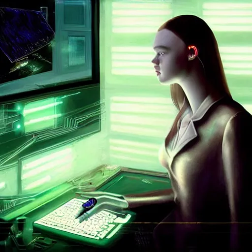 Prompt: a striking hyper real painting of Cyberpunk Elle Fanning hacking a computer, green lighting, by da Vinci