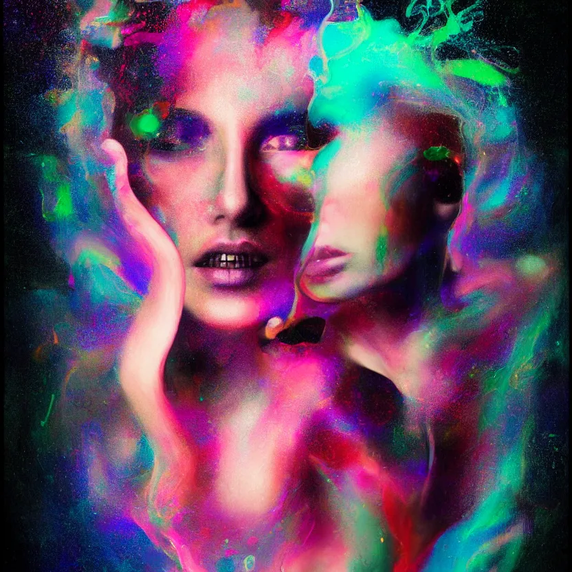 Prompt: a digital portrait painting of a woman, surrounded by synthesized ai djinn hologram, an ultrafine detailed painting by alberto seveso, a silk screen by julian schnabel, featured on deviantart, modern european ink painting, photoillustration, impressionism, biomorphic, behance hd, lovecraftian