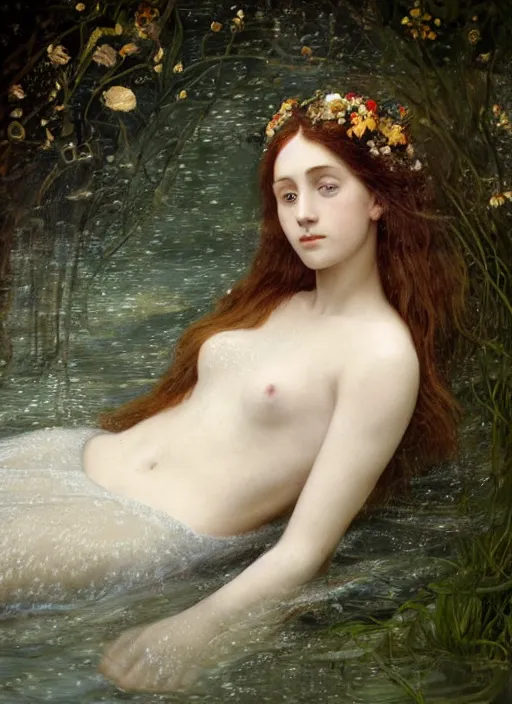 Prompt: portrait photography of a beautiful woman how pre-Raphaelites by Giovanni Gastel britt marling style 3/4with her eyes closed,inspired by Ophelia Millais Paint , the face emerges from water of Pamukkale, underwater face, the hair are intricate with highly detailed realistic beautiful brunches and flowers like crown, anatomical real full body dressed ethereal lace dress floating in water surface , Kodak Portra 400, 8K, soft light, volumetric lighting, highly detailed, britt marling style 3/4 ,, Refined, Highly Detailed, outdoor soft pastel lighting colors scheme, outdoor fine art photography, Hyper realistic, photo realistic