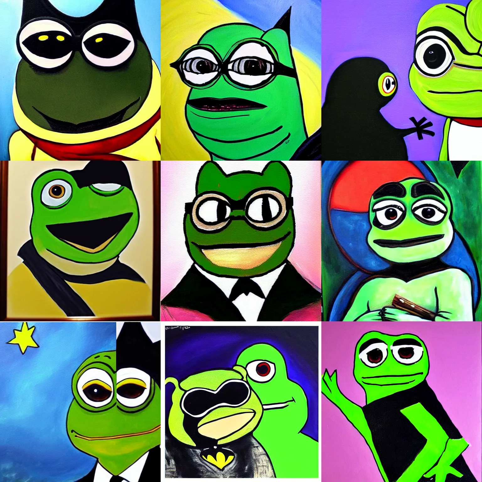 Prompt: beautiful painting of pepe the frog with batman