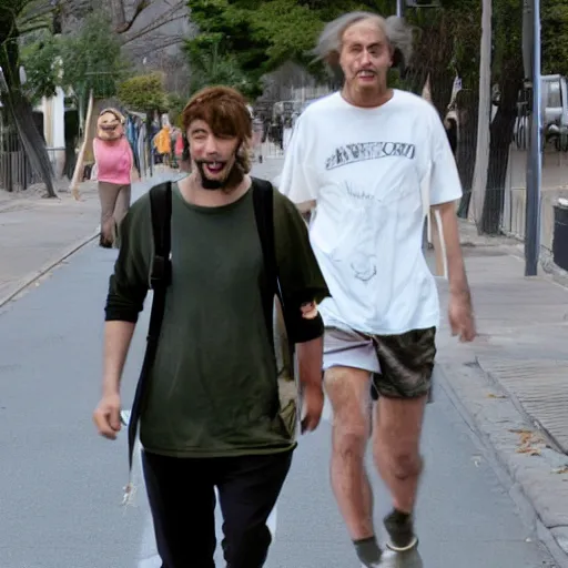 Prompt: the Two very ugly humans walking down the street