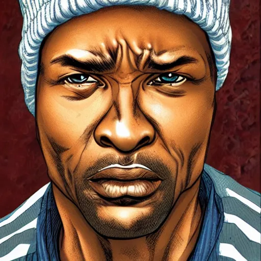 Image similar to a despondent 55 year old black man, comic book style, artgerm, wearing a beanie, highly detailed, concerned