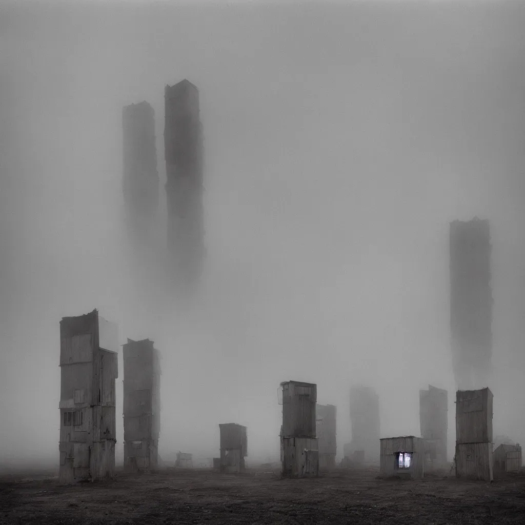 Prompt: two towers, made up of makeshift squatter shacks with faded colours, misty, moody sky at the back, dystopia, mamiya, f 1 1, fully frontal view, photographed by trent parke