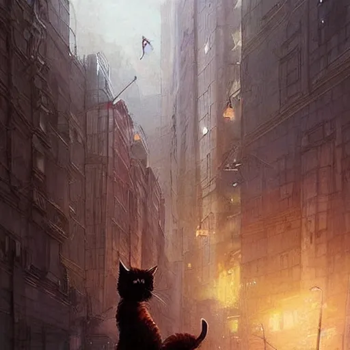 Image similar to gigantic cat walking on apocalyptic city, very detailed fine art, top of pinterest, trend of artistation, style of ( ( kadinski ) ) ( ( ( ( ( greg rutkowski ) ) ) ) ) and ilia kuvshinov