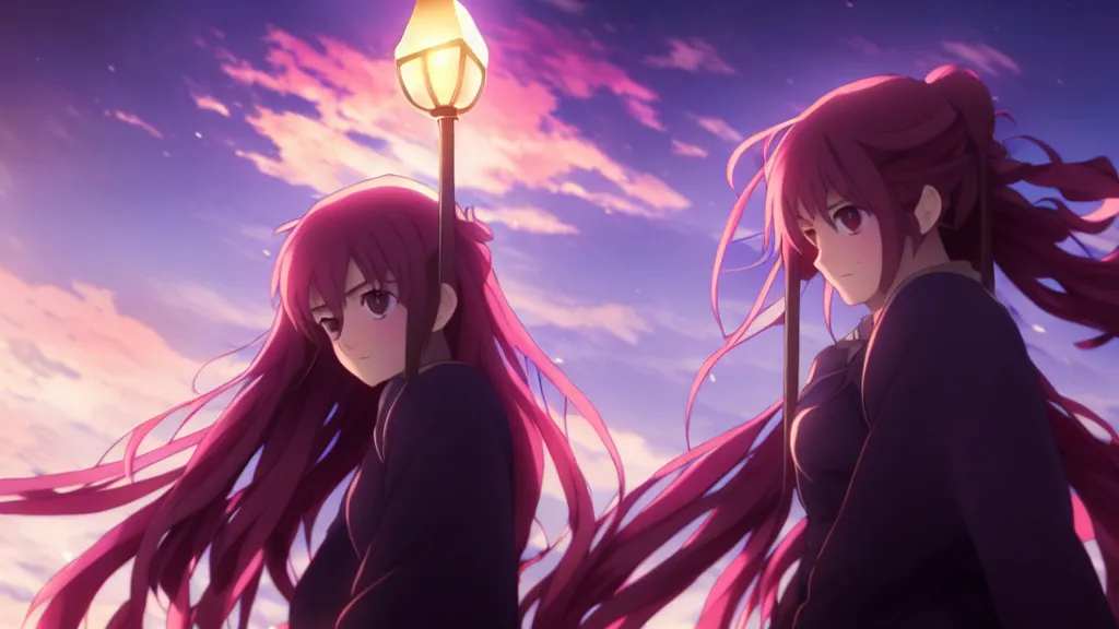 Image similar to emma watson in heavens feel movie, demon slayer, ufotable, kyoani, high quality, deviantart, under street lamp, on a street at night, fate stay night, unlimited blade works, greg rutkowski, high resolution, dynamic pose, close up, street clothes, action, anime, high angle, sakuga