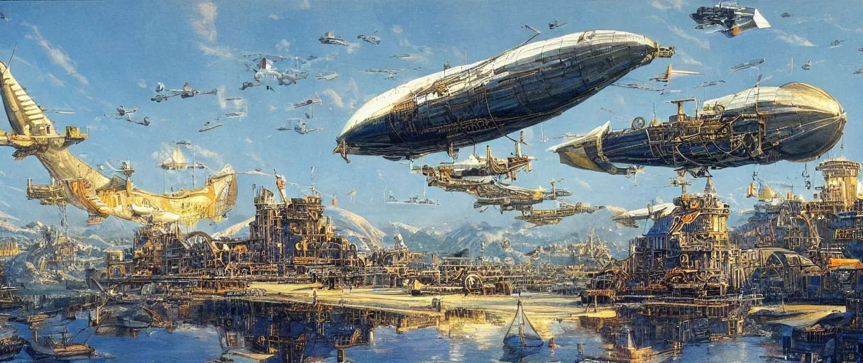 Image similar to a beautiful and detailed illustration of an airship port in a clockpunk world by Robert McCall, cinematic atmosphere, establishing shot